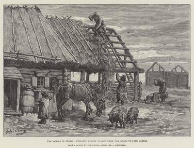 La famine en Russie, paysans prenant du chaume des toits pour nourrir le bétail - Johann Nepomuk Schonberg