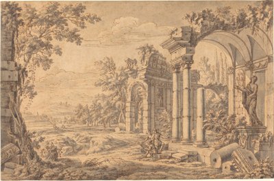 Paysage avec un dessinateur parmi les ruines antiques - Johann Oswald Harms