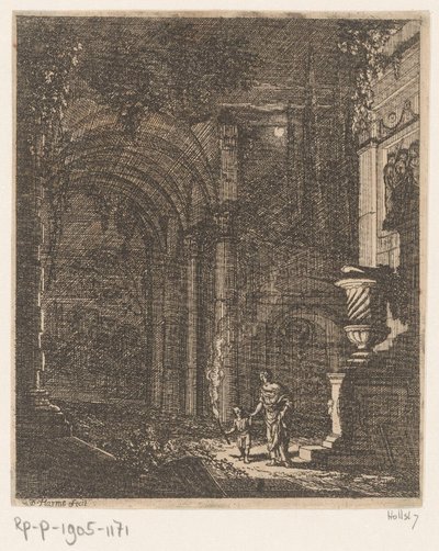 Deux figures éclairant des ruines antiques avec une torche (série: Ruines et bâtiments antiques) - Johann Oswald Harms