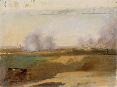 Étude de paysage avec villages en feu à l