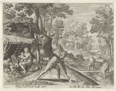 Adam et Ève travaillant hors du Paradis terrestre (Geschiedenis van de familie van Kaïn) - Johann Sadeler (I)