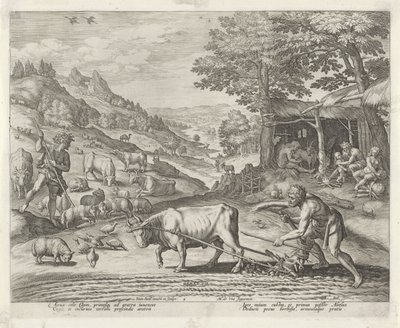 Caïn et Abel comme agriculteur et berger (Geschiedenis van de familie van Kaïn / Over goede en slechte werkzaamheden, Boni et mali scientia) - Johann Sadeler (I)