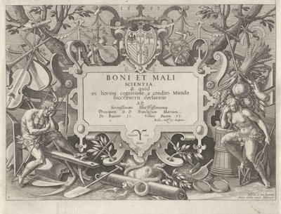 Cadre ornemental avec Adam et Ève (série Histoire de la famille de Caïn / Sur les bonnes et mauvaises actions) - Johann Sadeler (I)