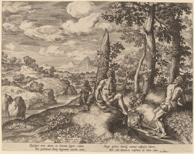 Paysage avec trois hommes nus et un chien - Johann Sadeler I