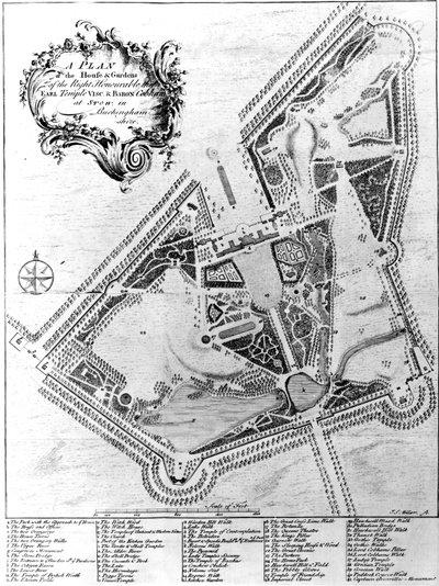 Plan de la maison et des jardins à Stowe, Buckinghamshire - Johann Sebastien Muller