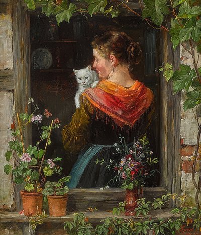 Jeune femme avec chat - Johann Sperl
