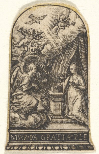Annonciation, Marie agenouillée à un lutrin alors que Gabriel approche sur un nuage - Johann Theodor de Bry