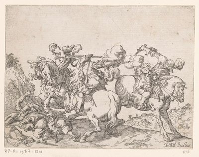Twee musketiers te paard beschieten een ruiter - Johann Wilhelm Baur