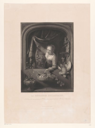 Femme avec un panier de fruits à la main près de la fenêtre. La ménagère hollandaise - Johann Wilhelm Kaiser (I)