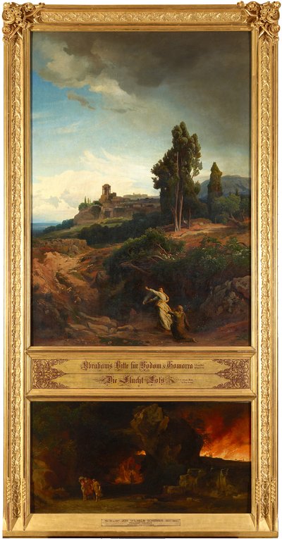 Abrahams Bitte für Sodom (oben). Die Flucht Lots (unten). Aus dem Zyklus "Zwölf biblische Landschaften mit der Geschichte Abrahams" - Johann Wilhelm Schirmer