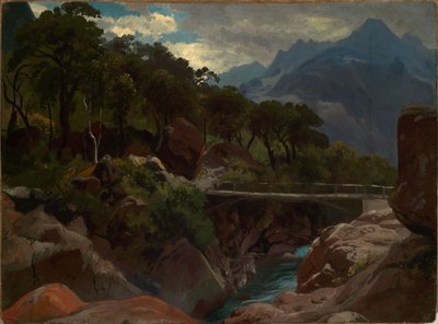 Rivière de montagne suisse avec passerelle - Johann Wilhelm Schirmer