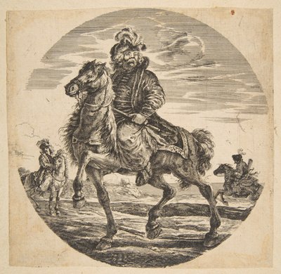 Cavalier hongrois chevauchant vers la gauche, autres cavaliers en arrière-plan, un cercle - Johanna Christina Küsel