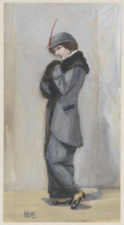 Dame debout en long manteau avec fourrure - Johannes Abraham Mondt