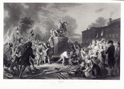 Démolition de la statue de George III par les Fils de la Liberté, au Bowling Green, New York, juillet 1776, pub. 1875 - Johannes Adam Simon after Oertel
