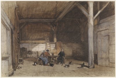Intérieur paysan avec deux hommes et une femme à une table, quelques poules et chats - Johannes Bosboom