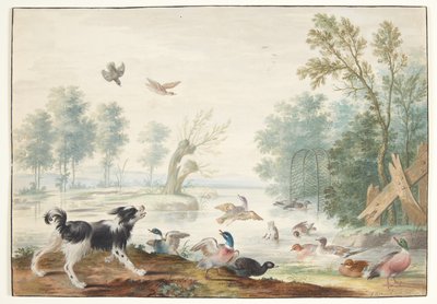 Un chien et des canards près d