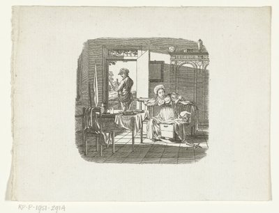 Mère avec enfant dans un berceau saluant le père qui quitte la maison avec un fusil - Johannes Christiaan Bendorp