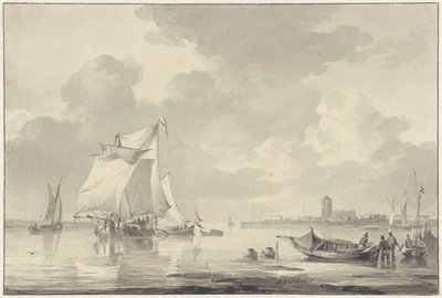 Vue fluviale avec quelques bateaux, une ville en arrière-plan - Johannes Christiaan Schotel