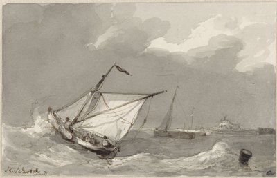 Bateau de pêche sur une mer agitée, avec un village à l