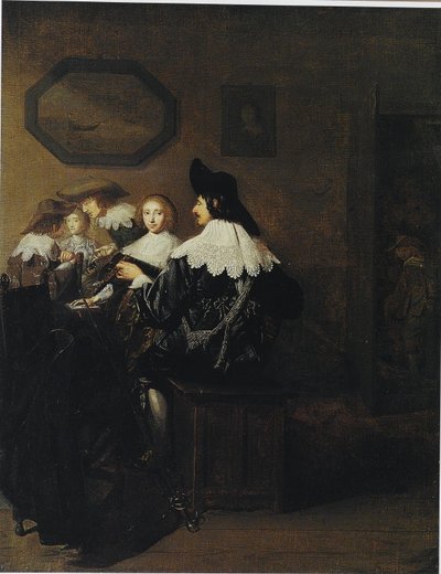 Compagnie avec un homme jouant du luth, assis à une table - Johannes Cornelisz Verspronck