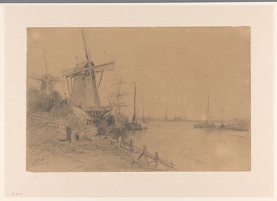 Moulins près de Dordrecht le long de la rivière avec des bateaux - Johannes Gijsbert Vogel