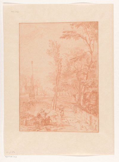 Arkadische Landschaft mit Figuren nahe einem Obelisken - Johannes Glauber