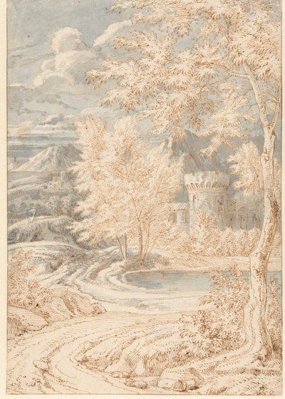 Paysage montagneux arcadien avec une tour ronde - Johannes Glauber