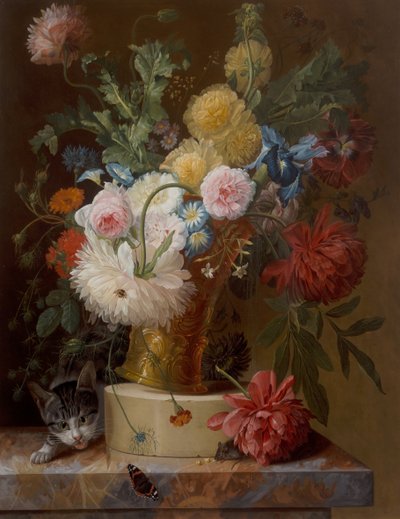Nature morte de fleurs sur un rebord avec un chat - Johannes Hendrick Fredriks
