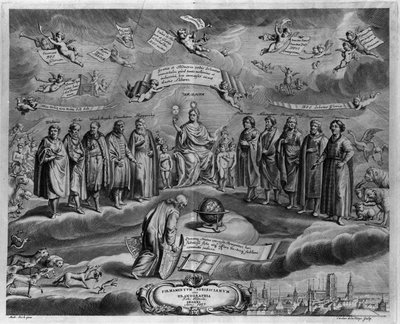 Les astronomes célèbres. Parmi eux, de gauche à droite : Walterus (?), Tycho Brahe (Tyge Ottesen Brahe), connu sous le nom de Le noble Danois ou L