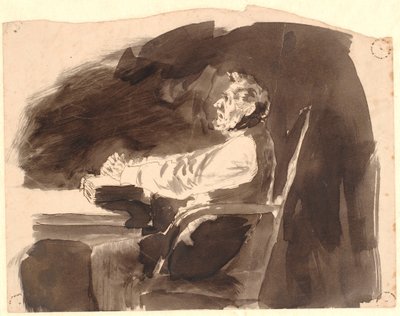Vieil homme à une table avec une bible - Johannes Holbek