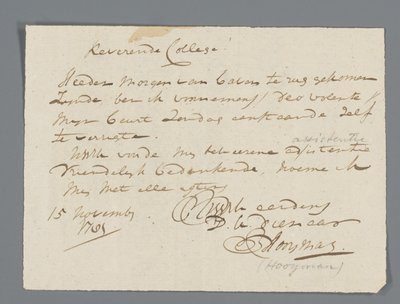 Lettre du révérend Hooyman à Jan Brandes - Johannes Hooyman