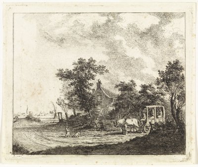 Cheval et chariot devant une maison - Johannes Huibert Prins