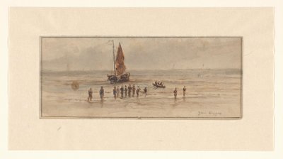 Vue de plage avec pêcheurs et voilier - Johannes Huygens (signed by artist)