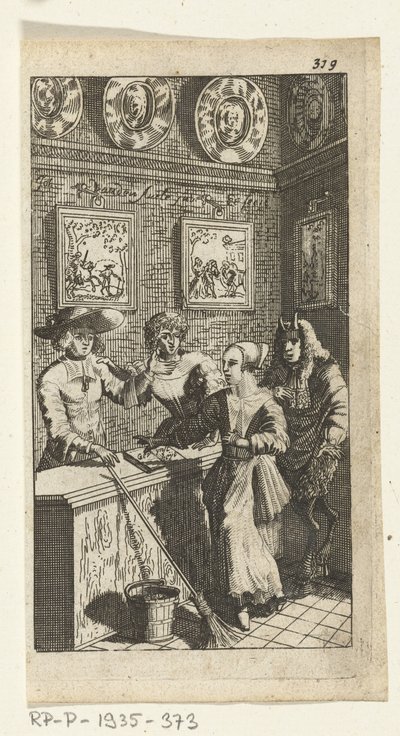 Le diable feint (Boekillustratie voor Simon de Vries, Seven Duyvelen regeerende en serveerende de Hedendaeghsche Dienstmaegden, Amsterdam, 1682) - Johannes Jacobsz van den Aveele