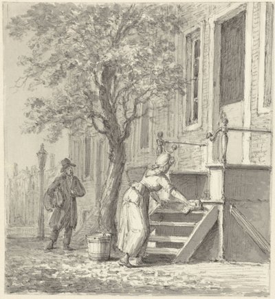 Une domestique nettoyant un escalier devant une maison - Johannes Jelgerhuis