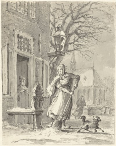 Une servante déblaye la neige devant une maison - Johannes Jelgerhuis