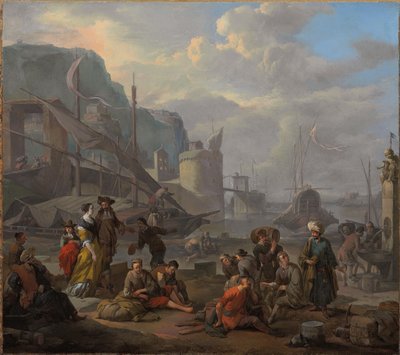 Un port méditerranéen avec un couple élégant et des voyageurs se reposant sur le quai - Johannes Lingelbach