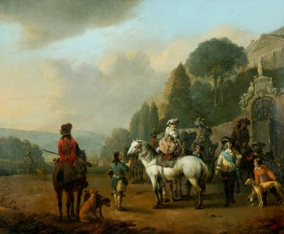 Un groupe de fauconniers devant les portes d