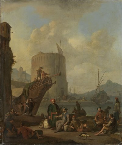 Port italien avec une tour fortifiée - Johannes Lingelbach
