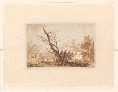 Paysage italien avec arbre, un pont et quelques bâtiments - Johannes Petrus van Horstok