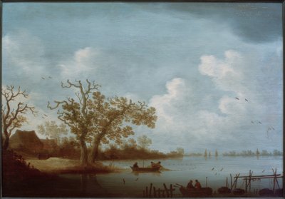 Paysage fluvial hollandais avec maisons de paysans et bateaux de pêche - Johannes Pietersz. Schoeff