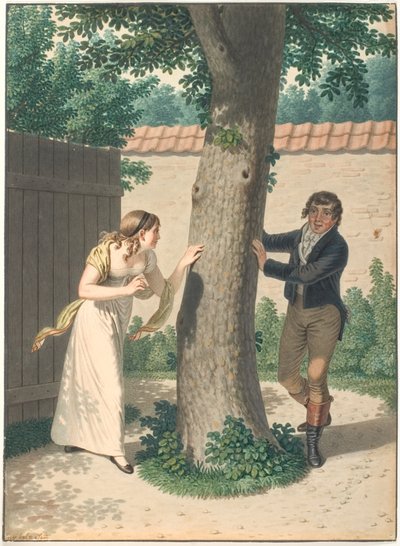 Jeune homme et fille jouant à cache-cache - Johannes Senn