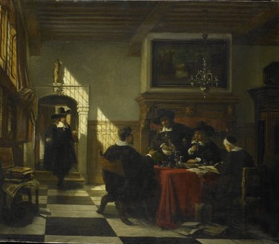 Groupe en costume du XVIIe siècle à une table avec une coupe de nautile - Johannes Stroebel