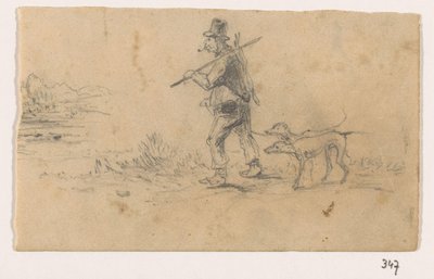 Chasseur avec chiens et un lièvre sur le dos - Johannes Tavenraat (signed by artist)