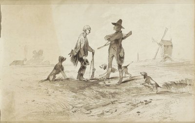 Chasseurs avec chiens dans un paysage avec un moulin - Johannes Tavenraat