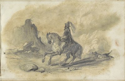 Cavalier avec un chien sur un chemin rocheux - Johannes Tavenraat
