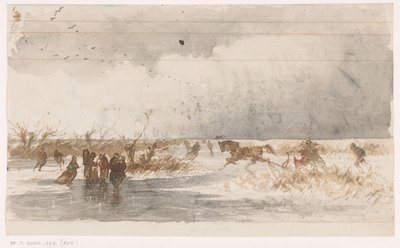 Patineurs et traîneau sur la glace - Johannes Tavenraat