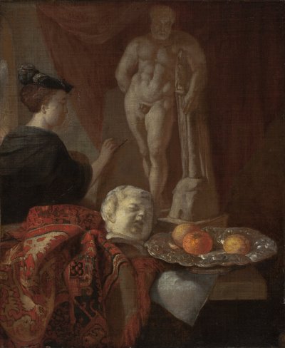 Nature morte et une femme à un chevalet, fin des années 1600 - Johannes Voorhout