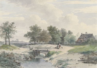 Paysage avec petit pont et personnages devant une ferme - Johannes Warnardus Bilders