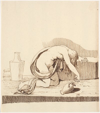 Femme nue penchée en avant (ivre) avec une cruche de vin vide - Johannes Wiedewelt